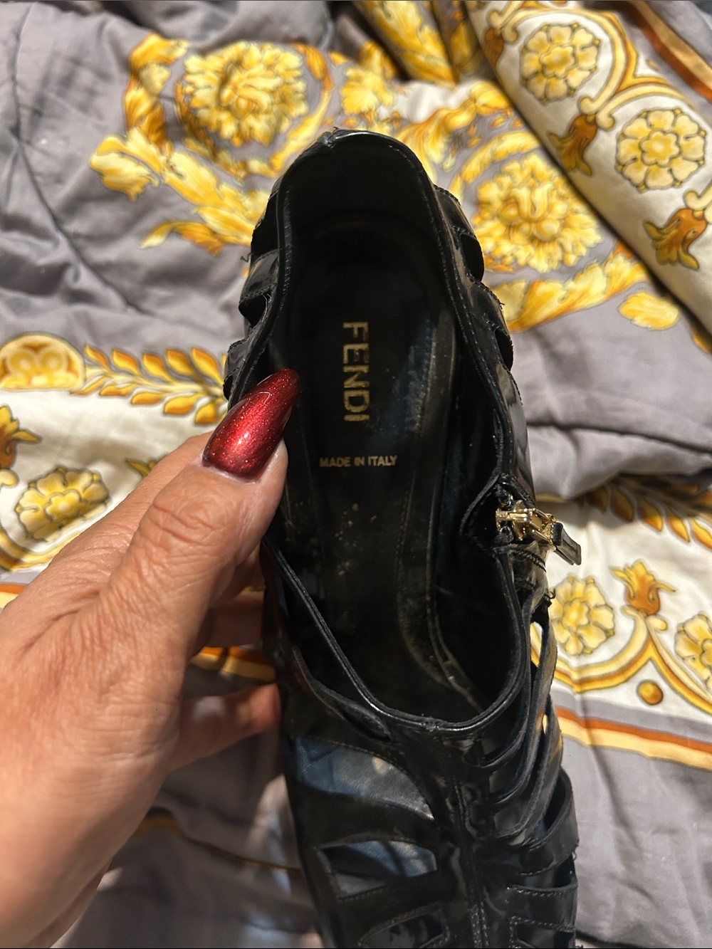 Fendi Black Patent Leather Strappy Heel with Gold Accent